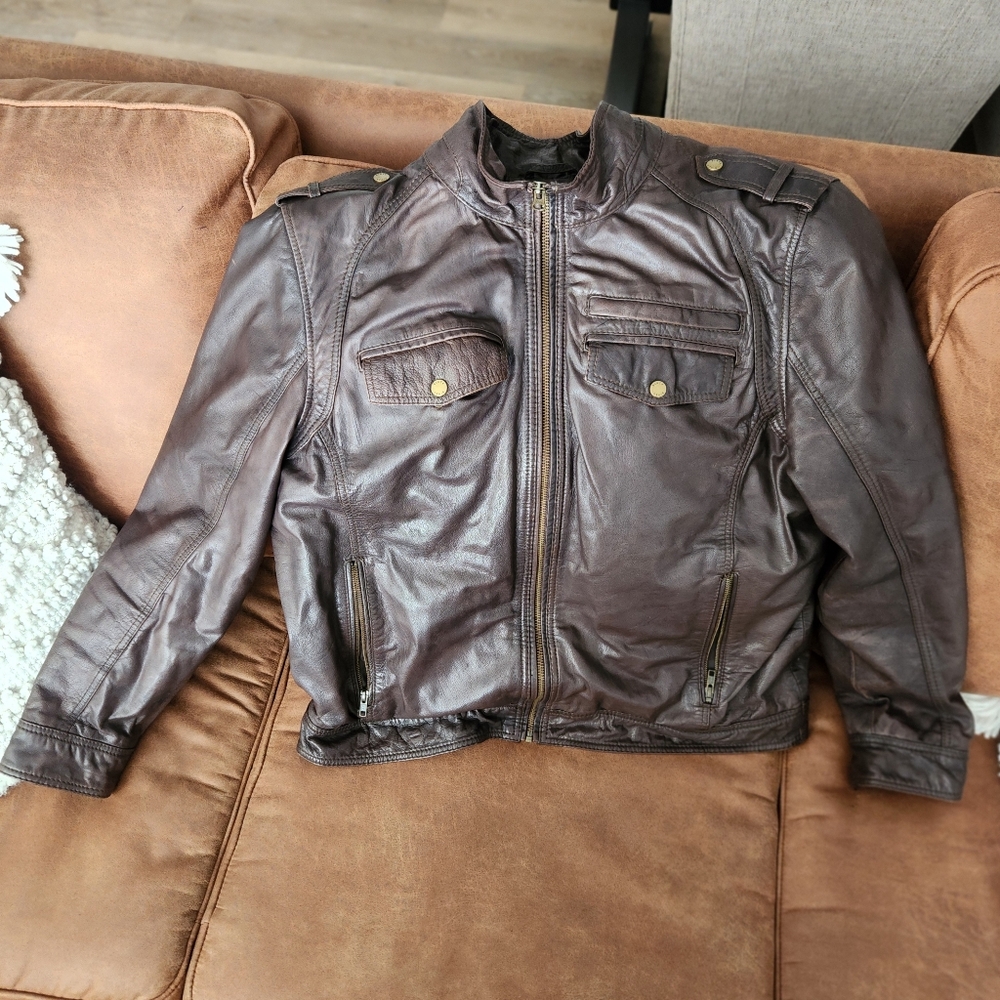 Men's Brown Leather Military Jacket